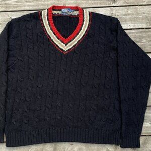 Vintage POLO RALPH LAUREN Wool Sweater Cable Knit V Neck Fair Isle XXL Black